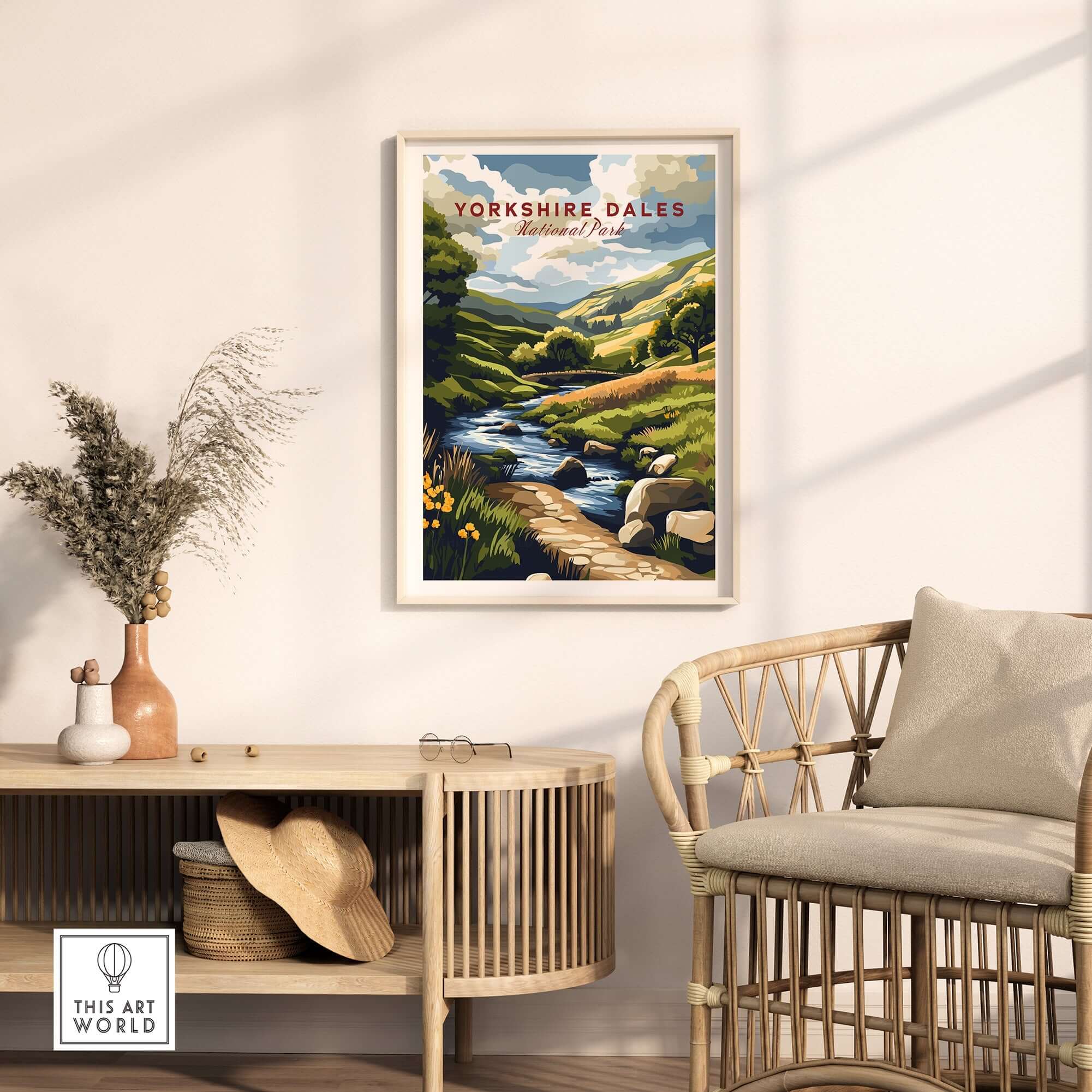 Yorkshire Dales National Park Travel Print displayed in a stylish home setting with natural light.