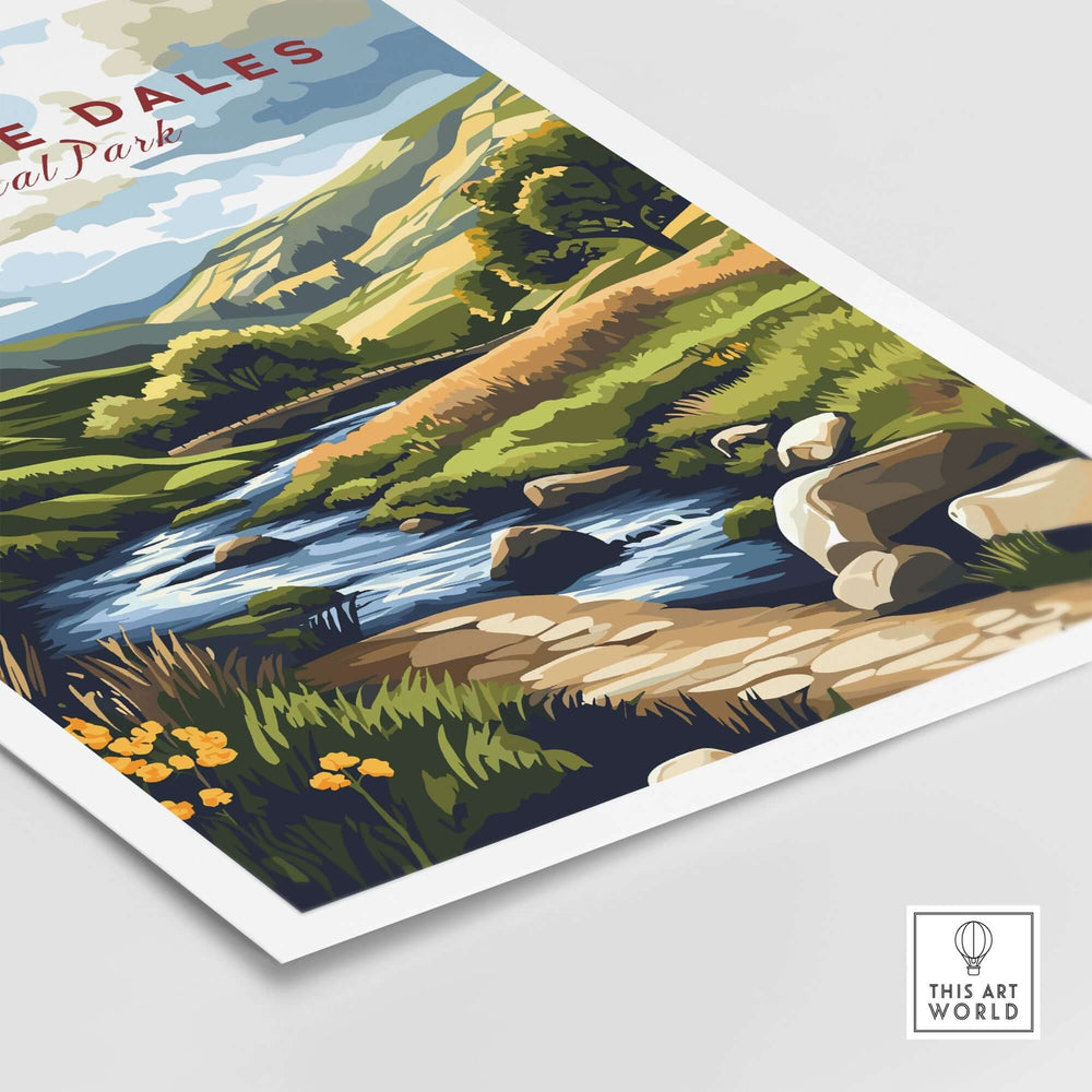 Yorkshire Dales National Park travel print featuring vibrant landscapes and a serene river scene, perfect for home decor.