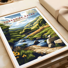 Beautiful Yorkshire Dales National Park Travel Print showcasing vibrant landscapes and a serene river scene.
