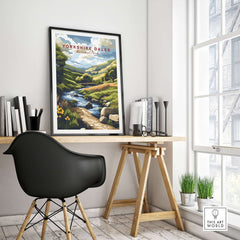 Yorkshire Dales National Park Travel Print displayed in a stylish home office setting with modern decor.