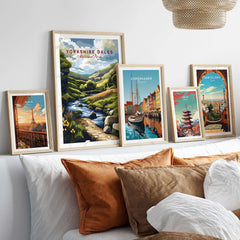 Yorkshire Dales National Park Travel Print displayed among other travel prints in a stylish home decor setting.