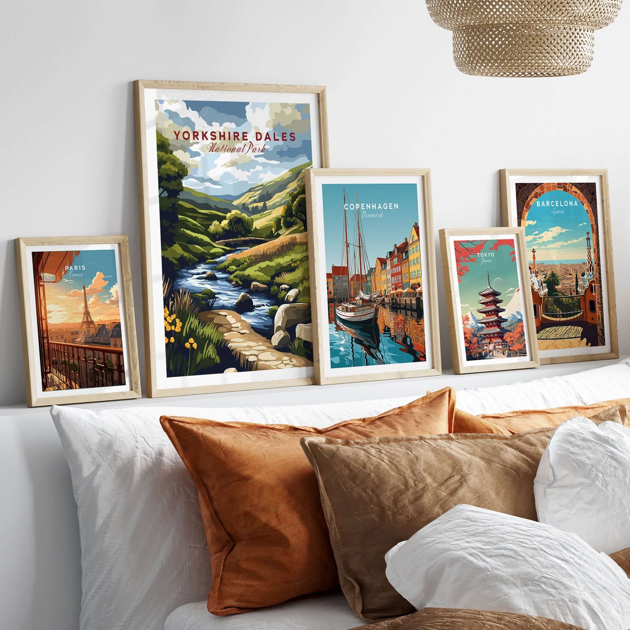 Yorkshire Dales National Park Travel Print displayed among other travel prints in a stylish home decor setting.