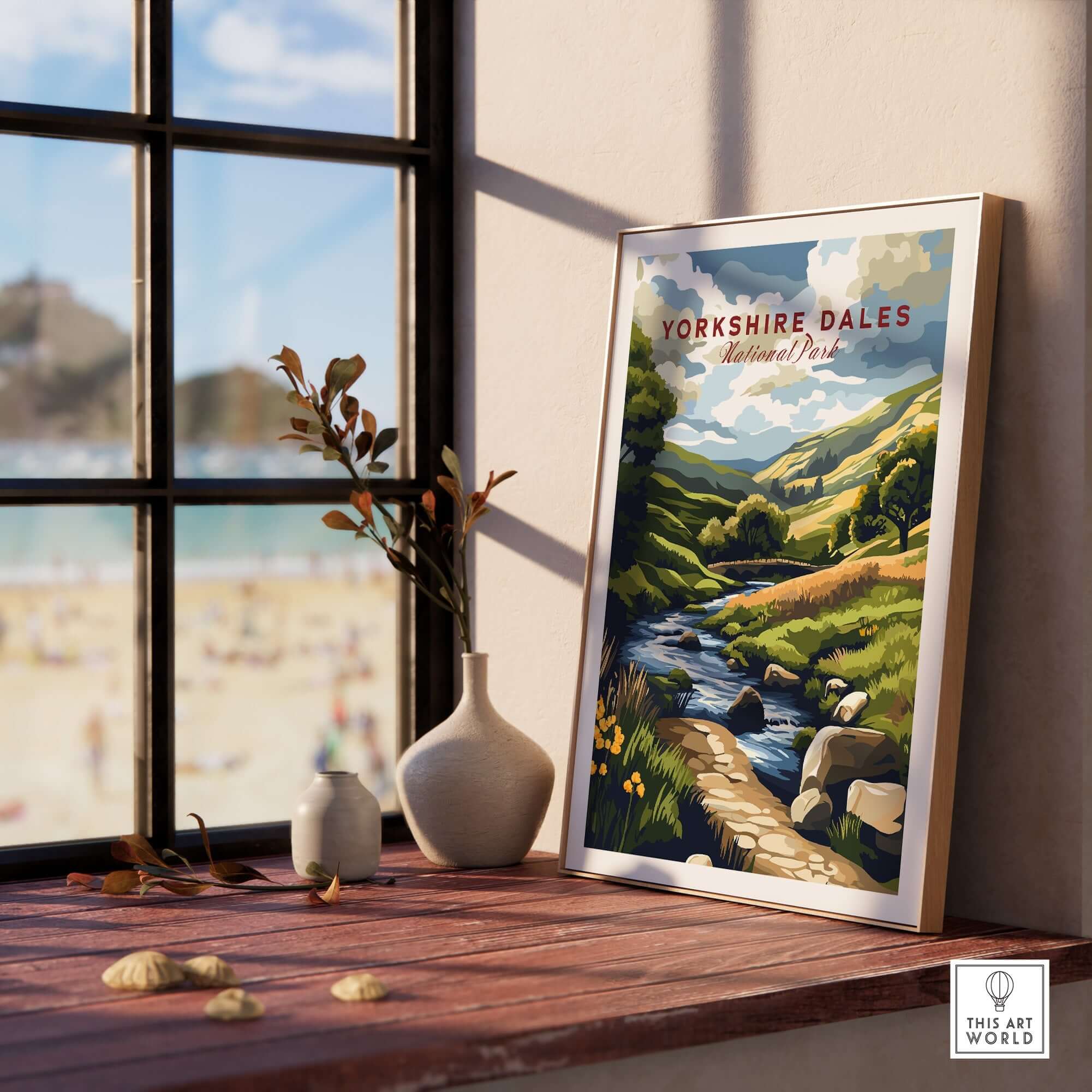 Yorkshire Dales National Park Travel Print displayed by a window with scenic landscapes and vibrant colors.