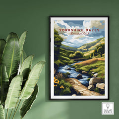 Yorkshire Dales National Park Travel Print showcasing a scenic landscape with a river and hills.