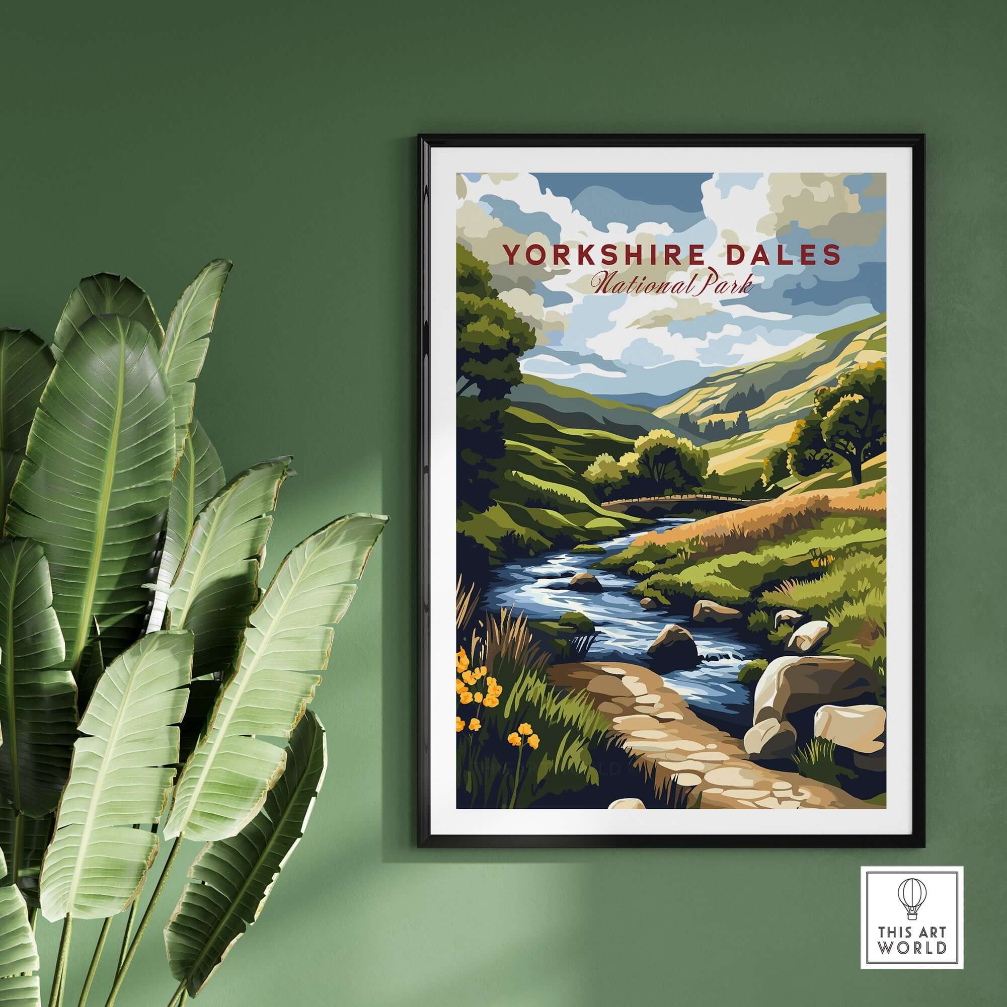 Yorkshire Dales National Park Travel Print showcasing a scenic landscape with a river and hills.