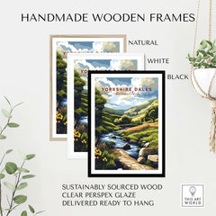 Handmade wooden frames for Yorkshire Dales National Park Travel Print in natural, white, and black finishes.