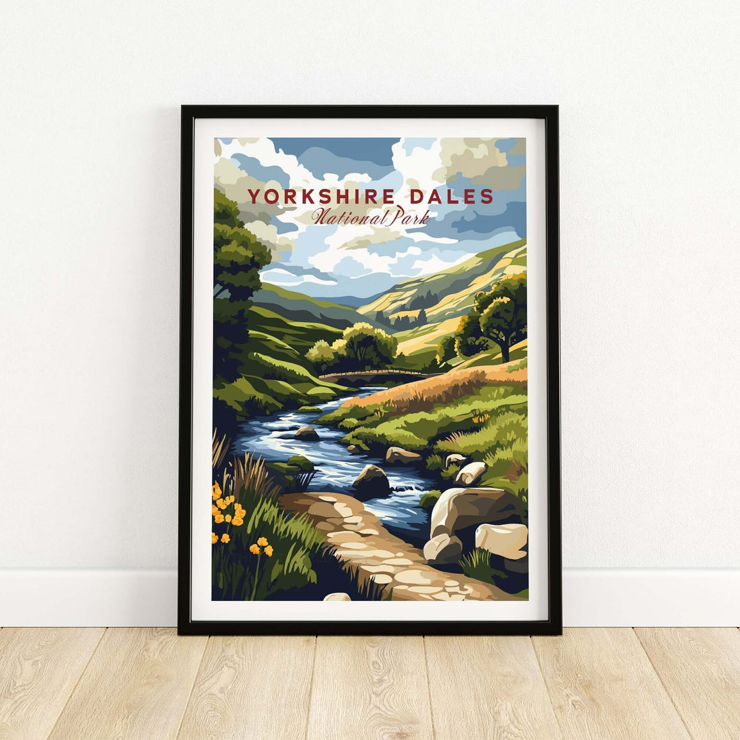 Yorkshire Dales National Park travel print showcasing vibrant landscapes and a serene river scene in a framed design.