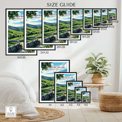 Yorkshire Dales National Park Wall Art size guide showcasing various frame sizes and dimensions for wall art.