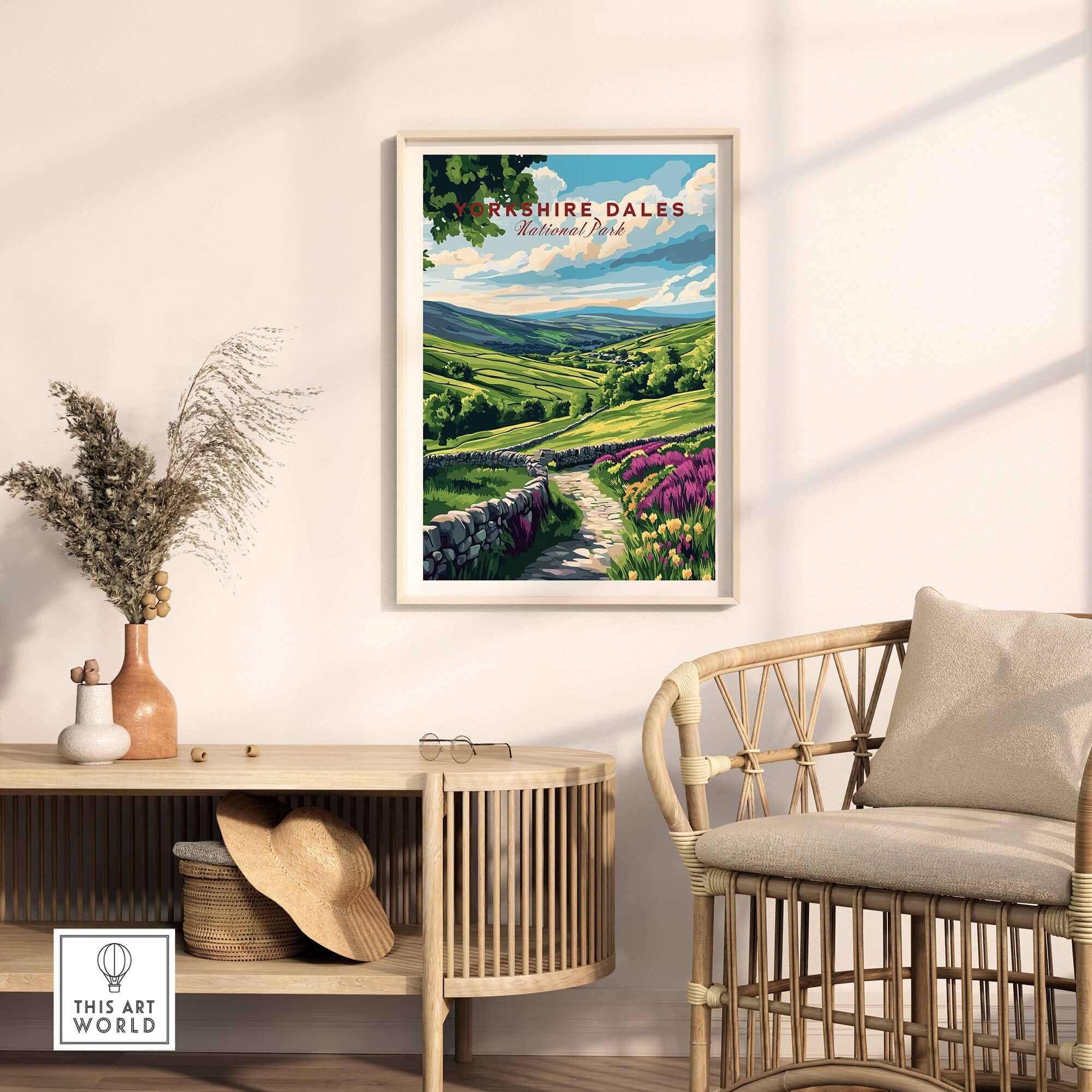 Yorkshire Dales National Park Wall Art framed on a wall showcasing vibrant landscapes and natural beauty.