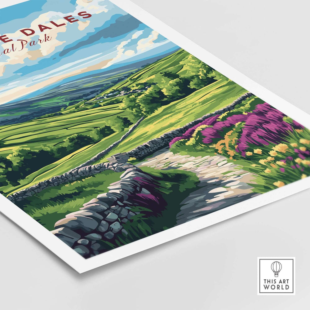 Yorkshire Dales National Park wall art showcasing vibrant green hills and stone pathways in a colorful, scenic design.