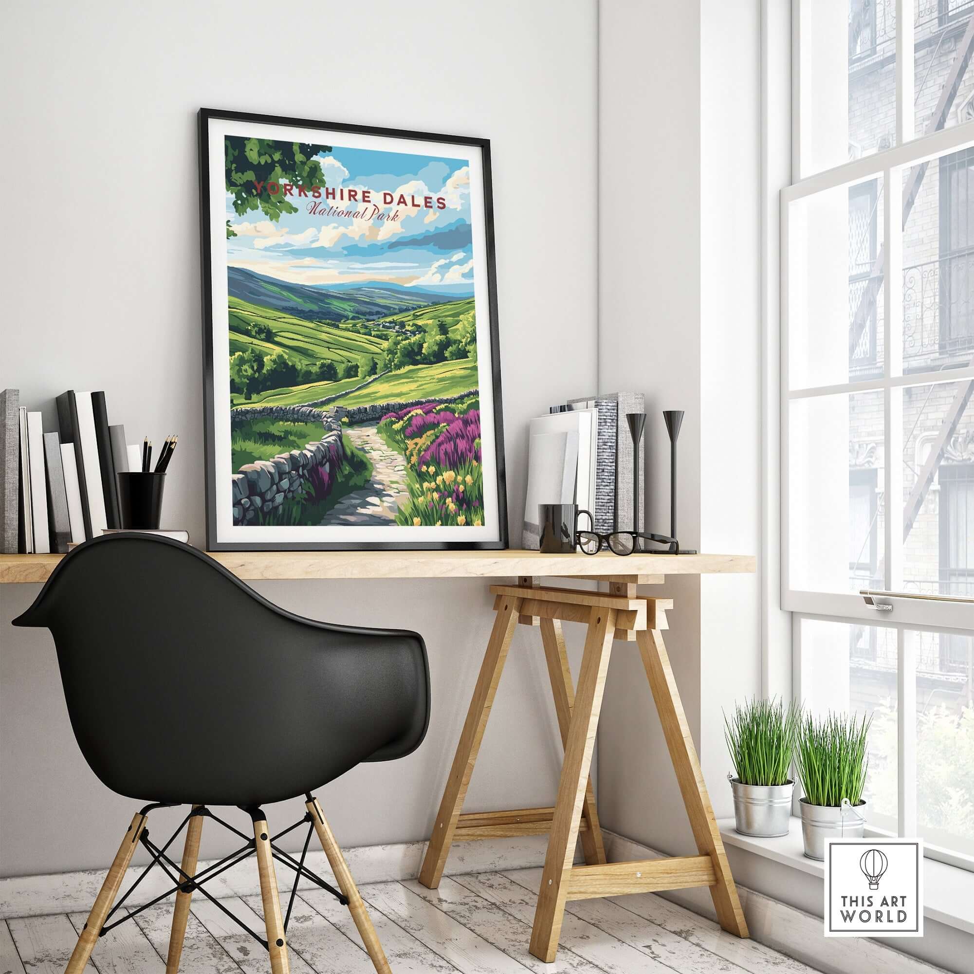 Yorkshire Dales National Park Wall Art framed in a modern home office setting, showcasing vibrant landscape colors.