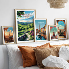 Yorkshire Dales National Park Wall Art displayed in an elegant living room setting with other travel-themed art.