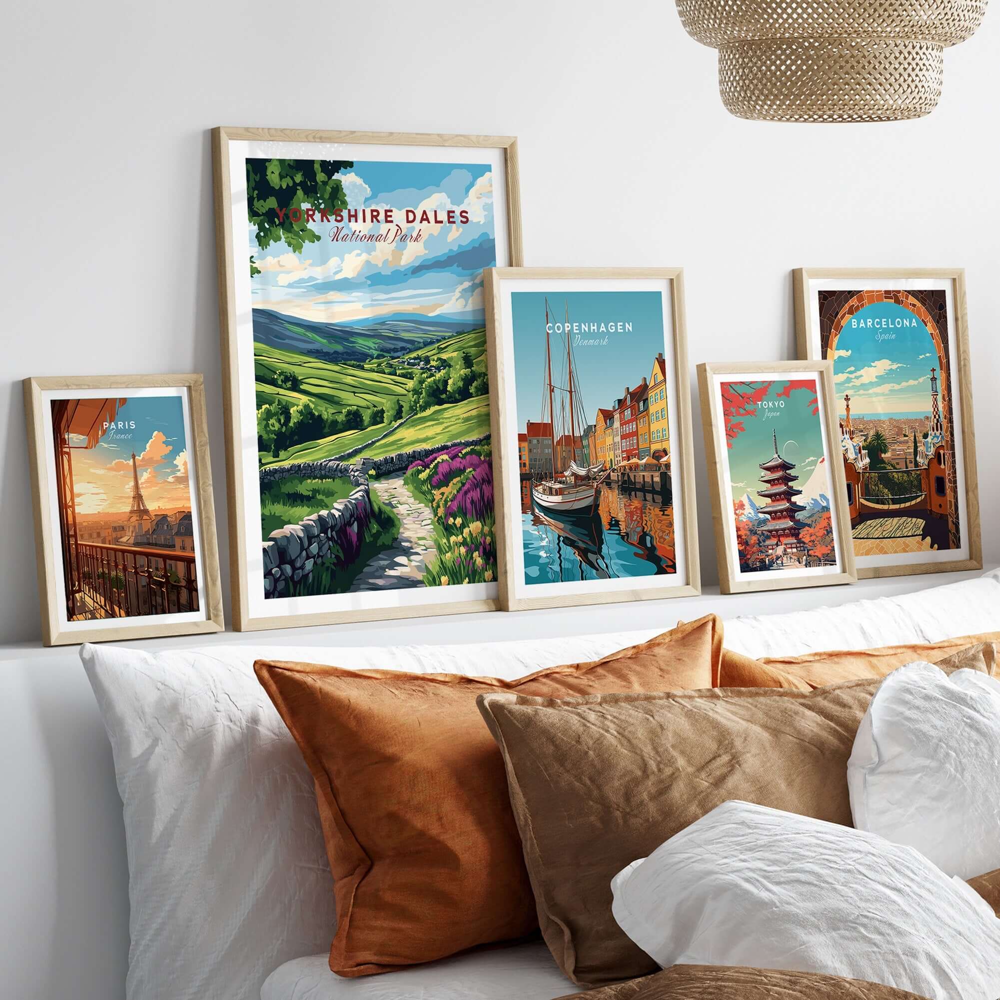 Yorkshire Dales National Park Wall Art displayed in an elegant living room setting with other travel-themed art.