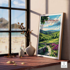 Yorkshire Dales National Park Wall Art displayed on a wooden shelf with a scenic view of the countryside.
