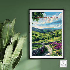 Yorkshire Dales National Park Wall Art showcasing a vibrant landscape with rolling hills and colorful flowers.