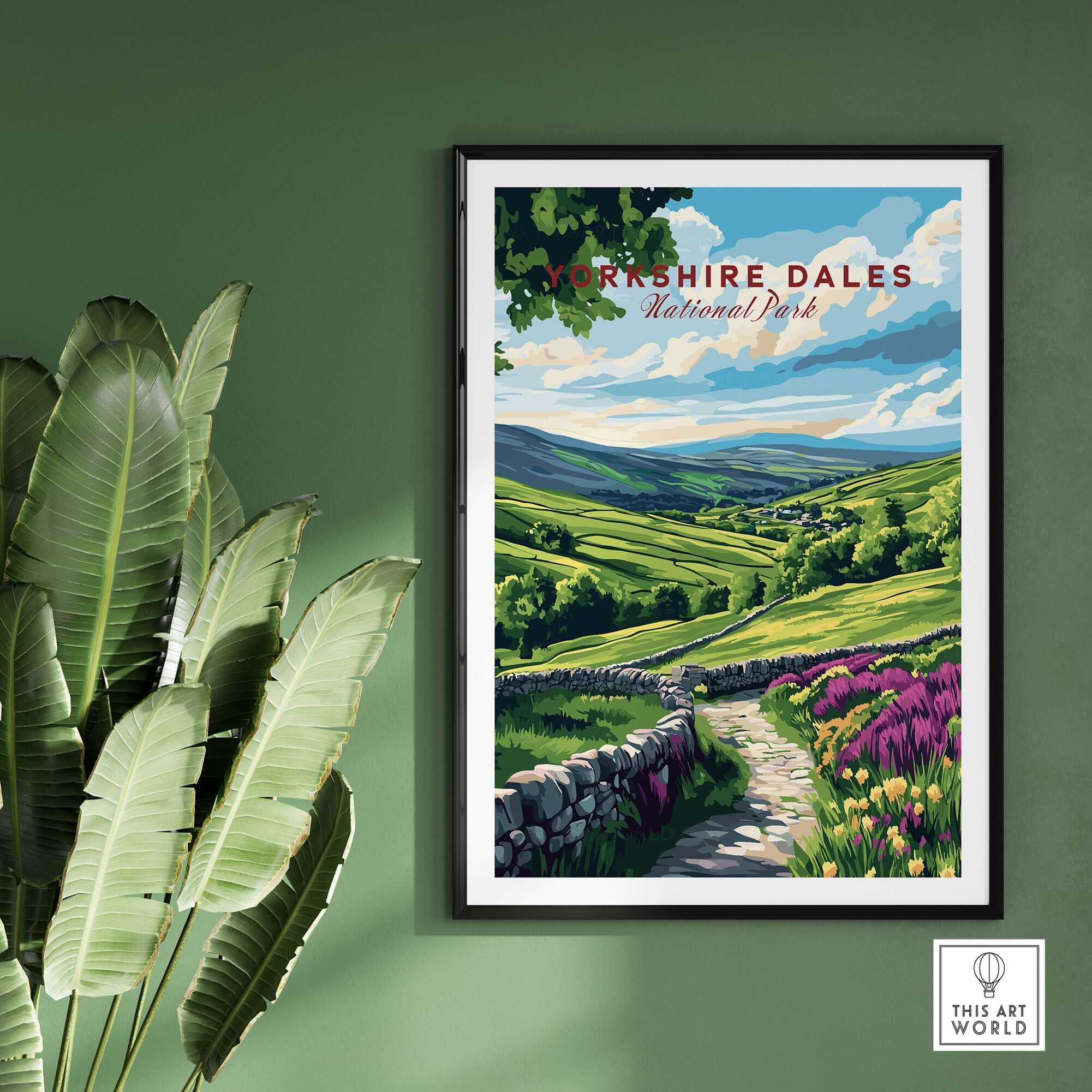 Yorkshire Dales National Park Wall Art showcasing a vibrant landscape with rolling hills and colorful flowers.