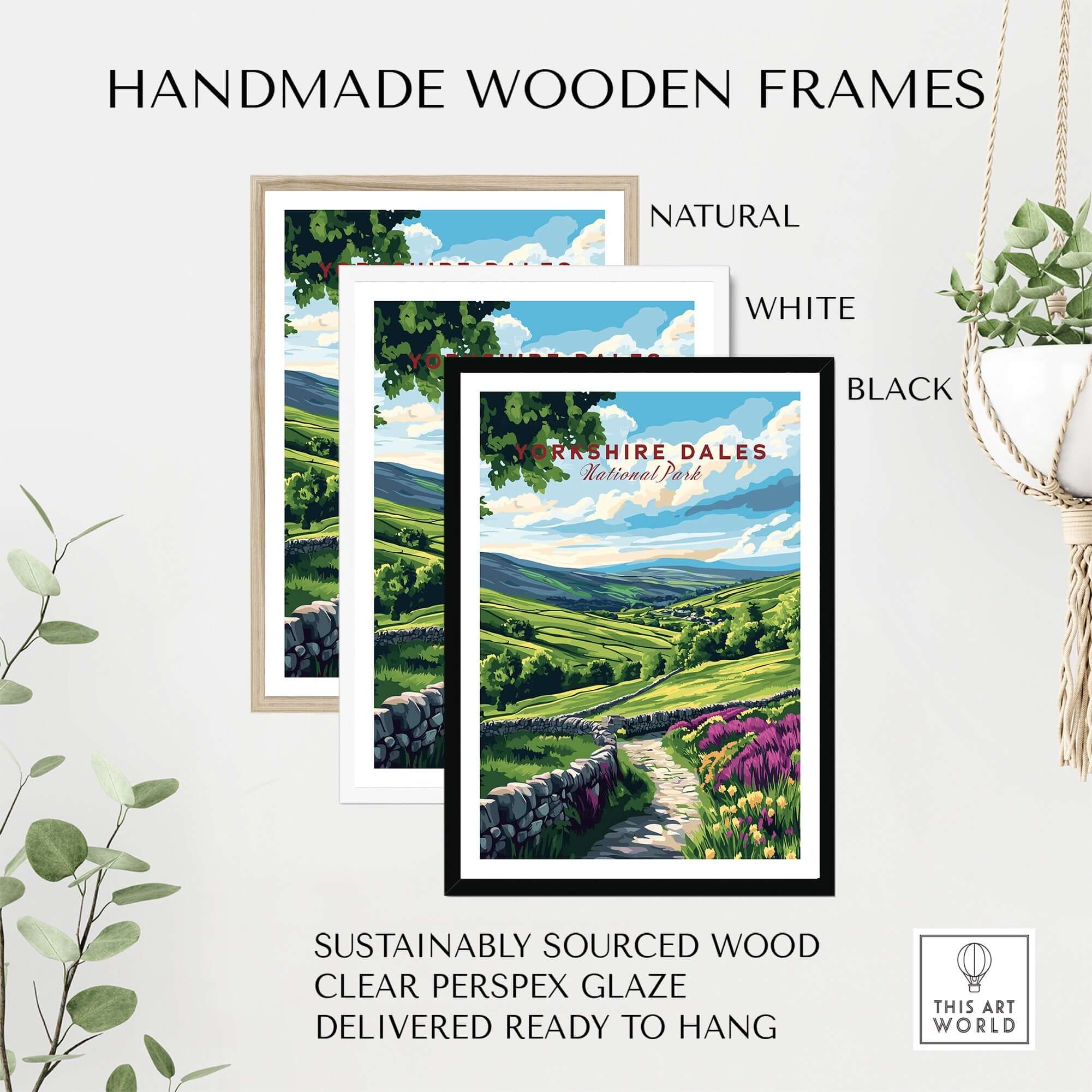 Yorkshire Dales National Park Wall Art displayed in handmade wooden frames in natural, white, and black options.