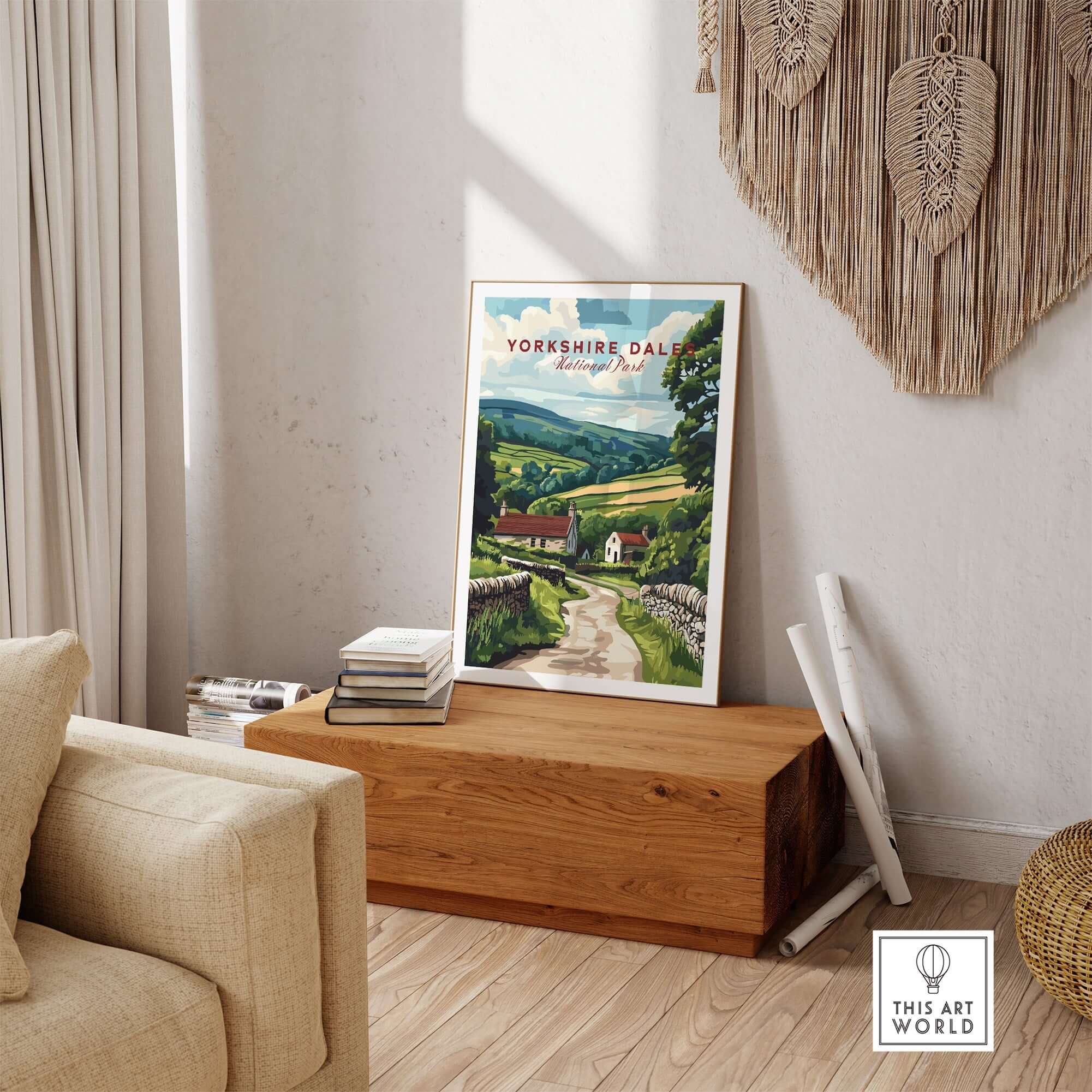 Yorkshire Dales National Park Wall Art Poster displayed in a cozy living room setting.