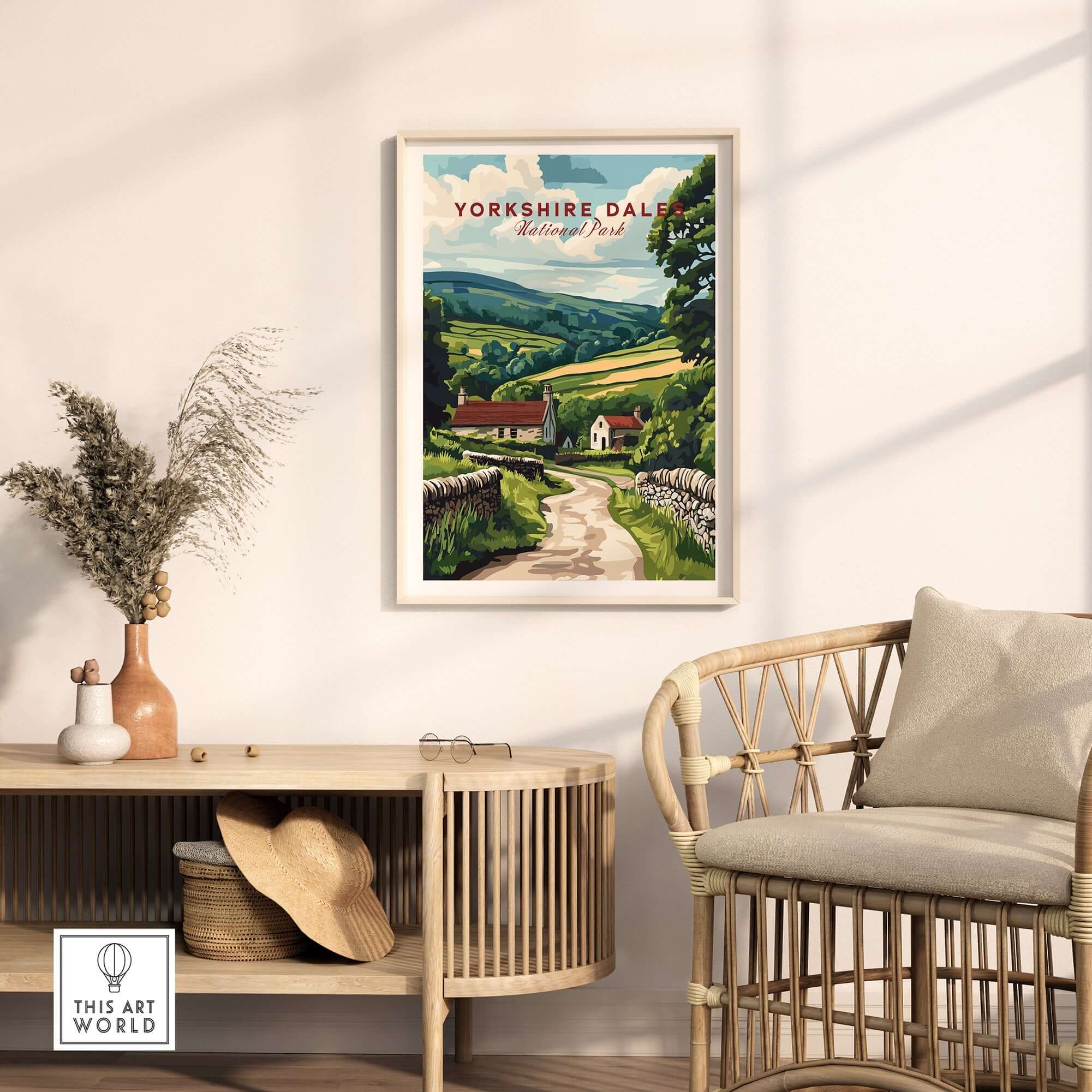 Yorkshire Dales National Park Wall Art Poster displayed in a cozy living room with stylish decor and furniture.
