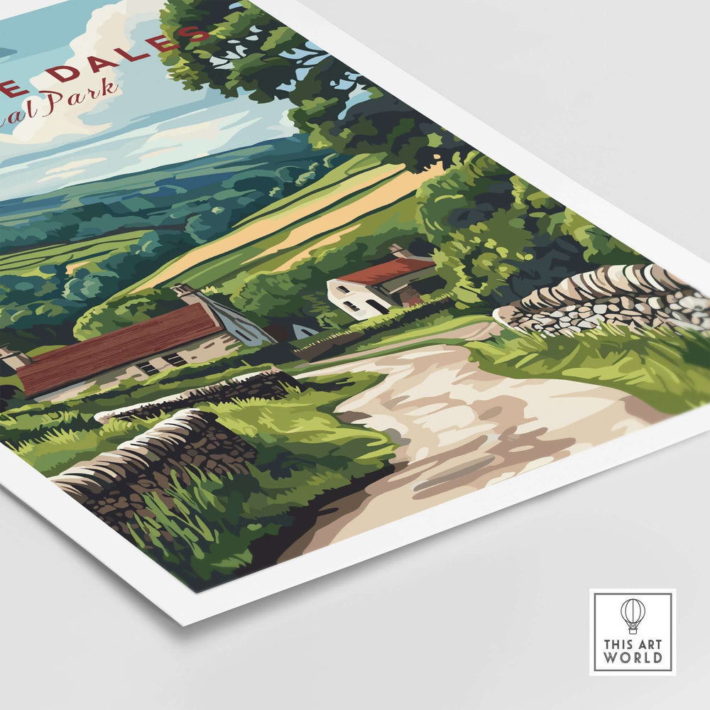 Yorkshire Dales National Park wall art poster featuring rolling hills and picturesque village scenery.