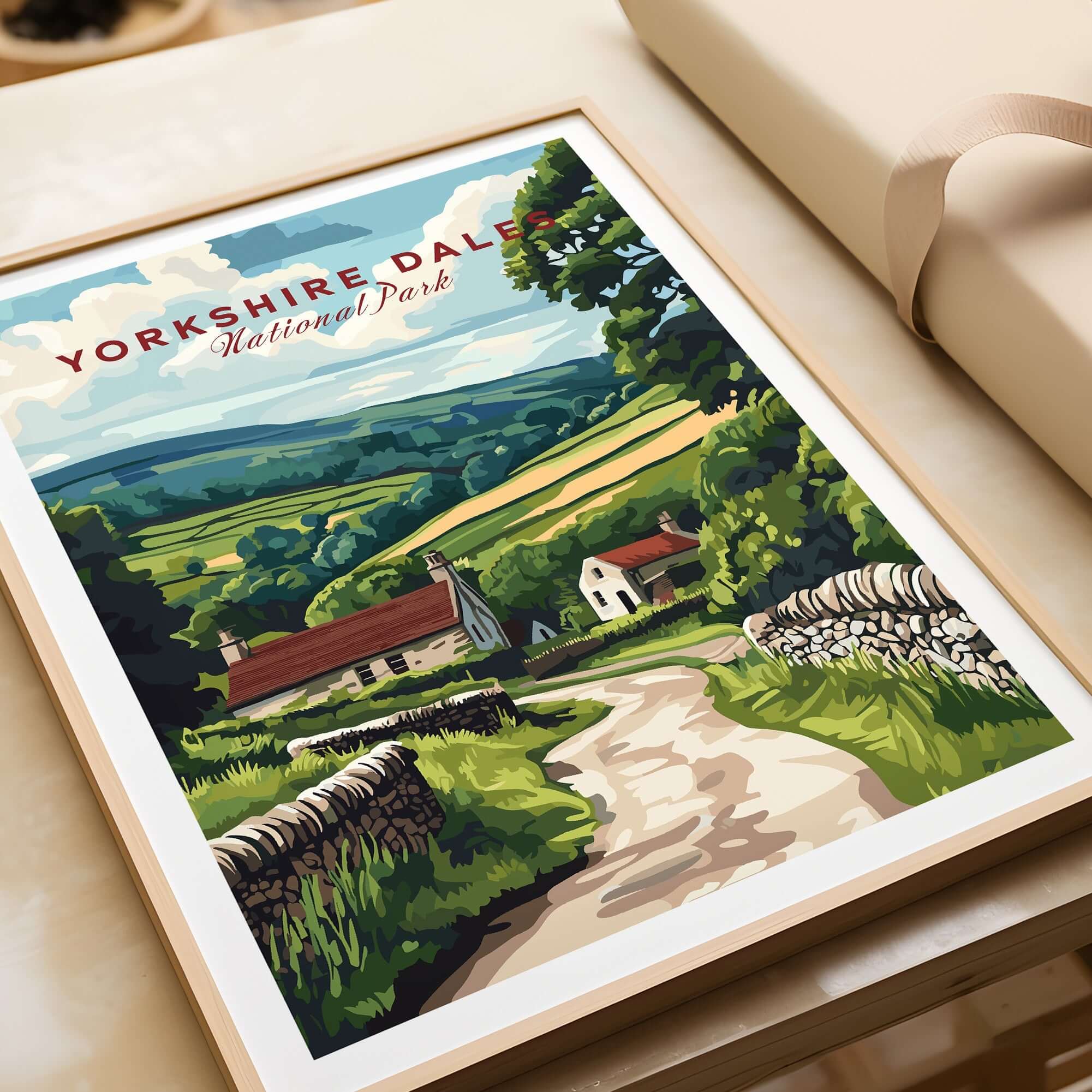 Yorkshire Dales National Park Wall Art Poster showcasing beautiful countryside scenery with rolling hills and quaint houses.