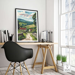 Yorkshire Dales National Park Wall Art Poster displayed in a stylish home office with a modern chair and natural light.