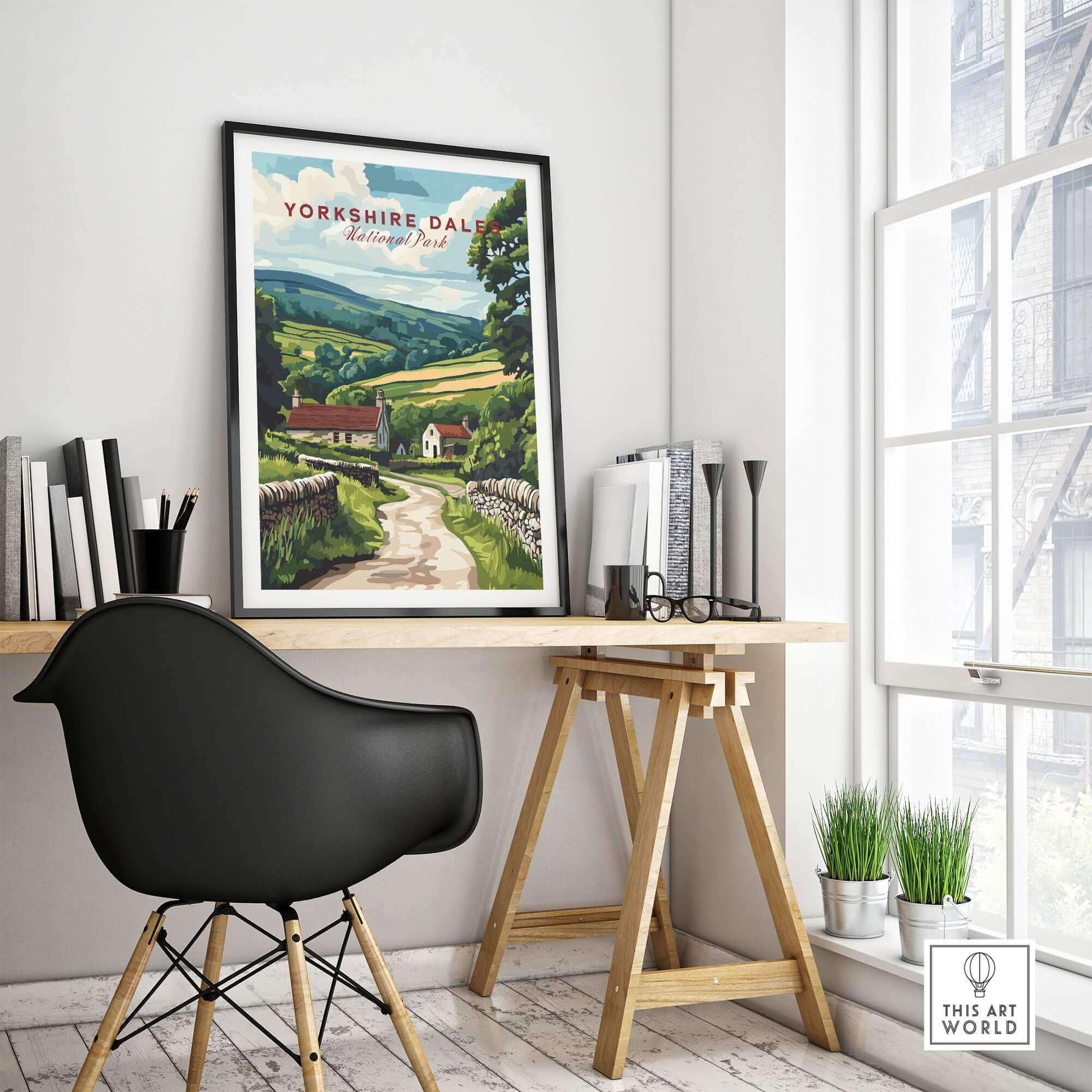 Yorkshire Dales National Park Wall Art Poster displayed in a stylish home office with a modern chair and natural light.