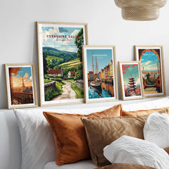 Yorkshire Dales National Park Wall Art Poster collection displayed in stylish frames on a cozy home decor backdrop.