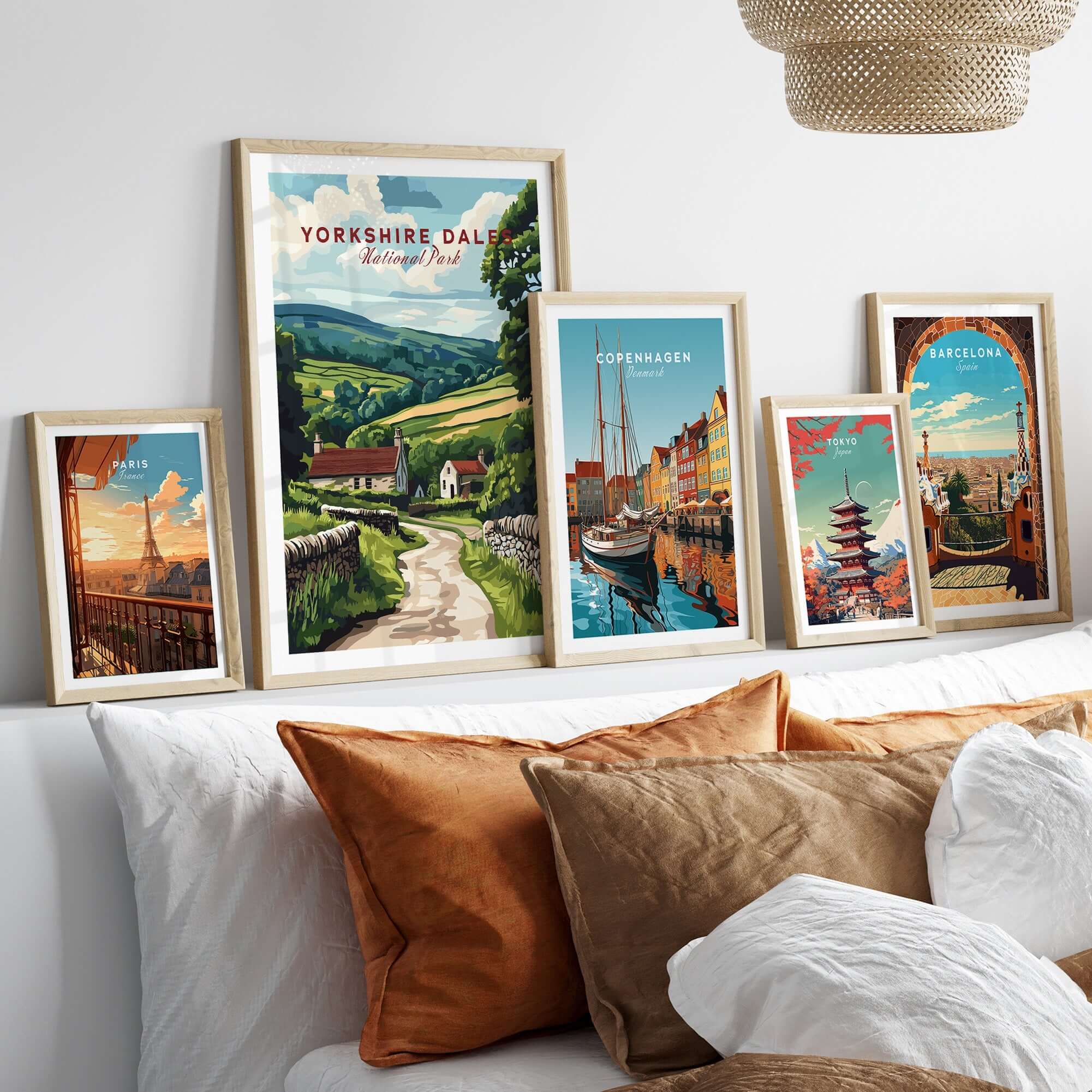 Yorkshire Dales National Park Wall Art Poster collection displayed in stylish frames on a cozy home decor backdrop.