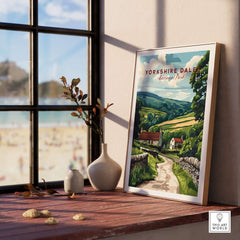 Yorkshire Dales National Park Wall Art Poster displayed in a cozy interior with a view of the beach.