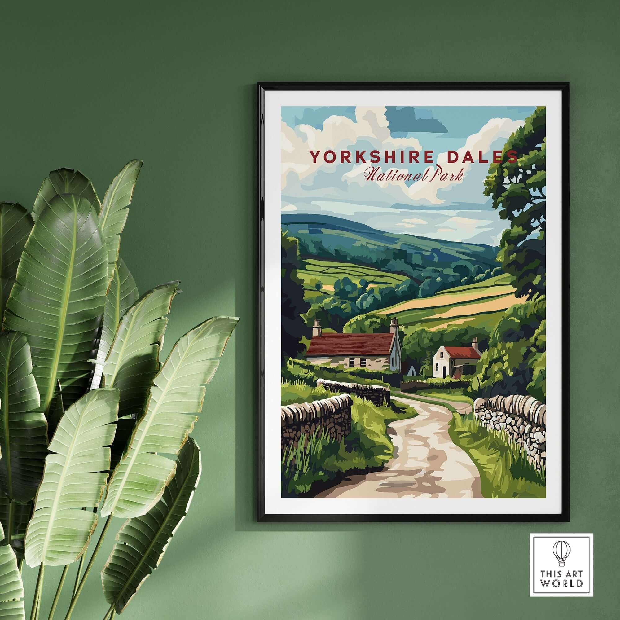 Yorkshire Dales National Park Wall Art Poster showcasing a scenic countryside road and lush greenery.