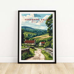 Yorkshire Dales National Park Wall Art Poster showcasing idyllic rolling hills and charming cottages.