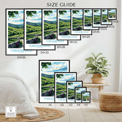 Yorkshire Dales National Park Wall Art Print size guide displaying various frame sizes and options.