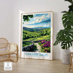 Yorkshire Dales National Park Wall Art Print showcasing a vibrant landscape with rolling hills and colorful flowers.