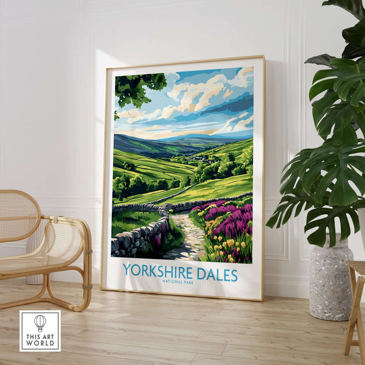 Yorkshire Dales National Park wall art print showcasing rolling hills and colorful flowers in a modern home setting.