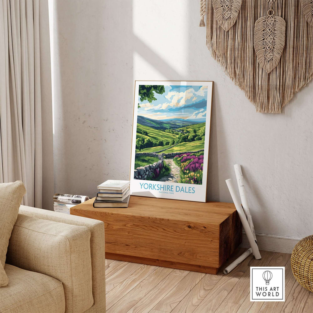 Yorkshire Dales National Park wall art print displayed in a stylish living room setting with natural light.