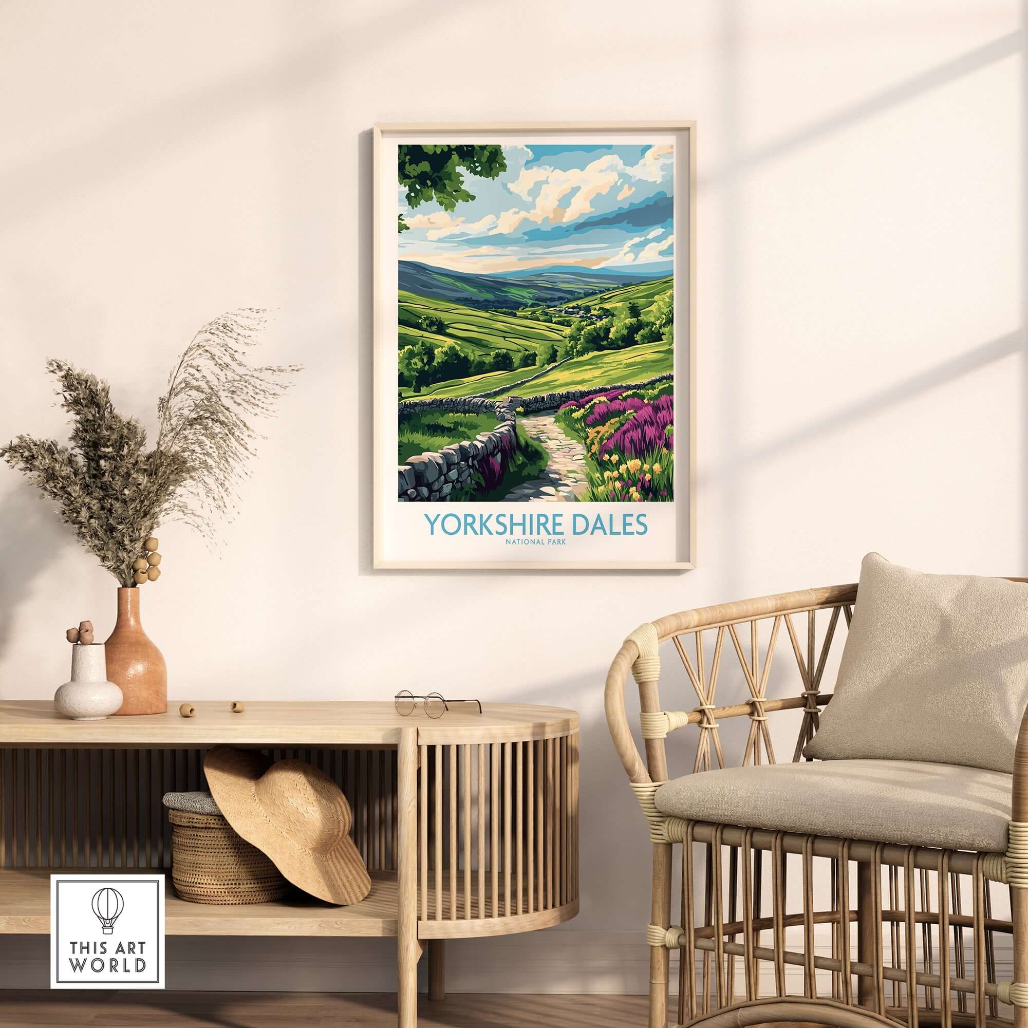 Yorkshire Dales National Park Wall Art Print displayed in a cozy home setting with natural decor.