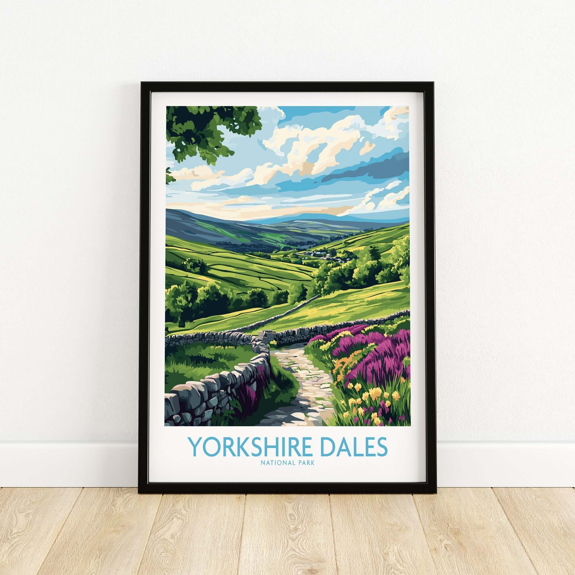 Yorkshire Dales National Park Wall Art Print featuring a vibrant landscape with rolling hills and flowers.