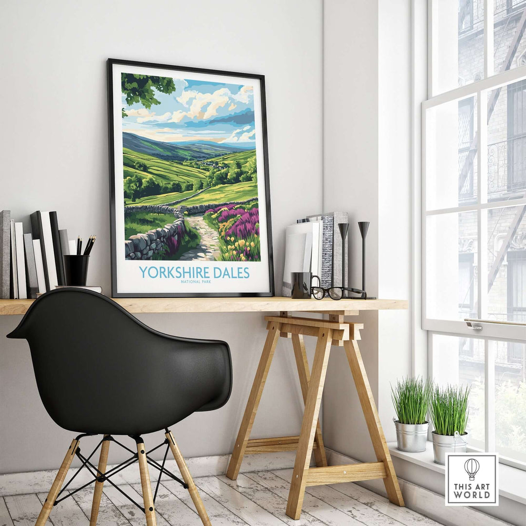 Yorkshire Dales National Park wall art print displayed in a modern office setting with a sleek black chair and desk.