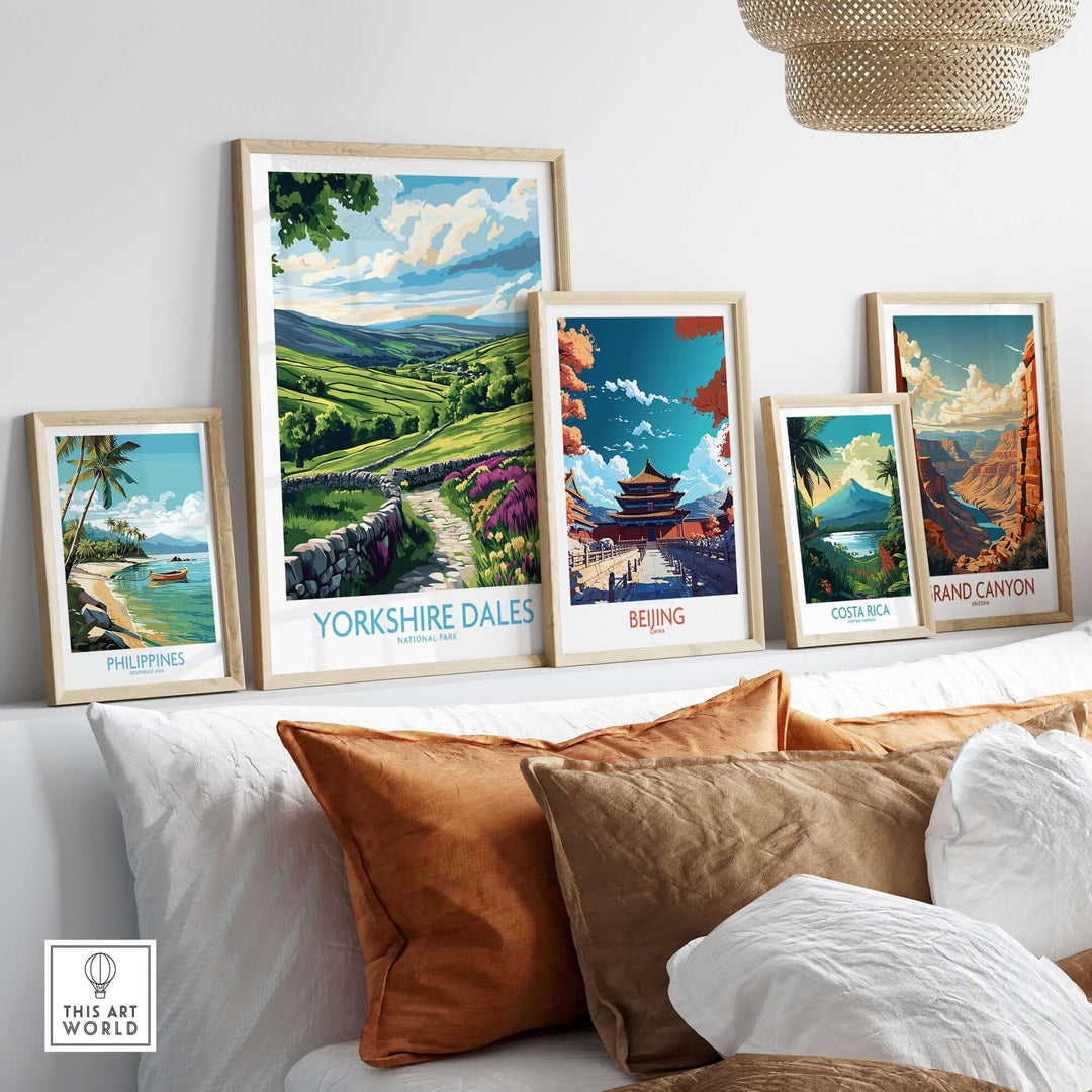 Vibrant wall art prints showcasing landscapes including Yorkshire Dales, Philippines, Beijing, Costa Rica, and Grand Canyon.