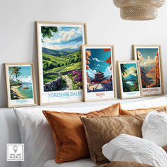 Yorkshire Dales National Park Wall Art Print displayed among other travel-themed prints on a stylish wall.