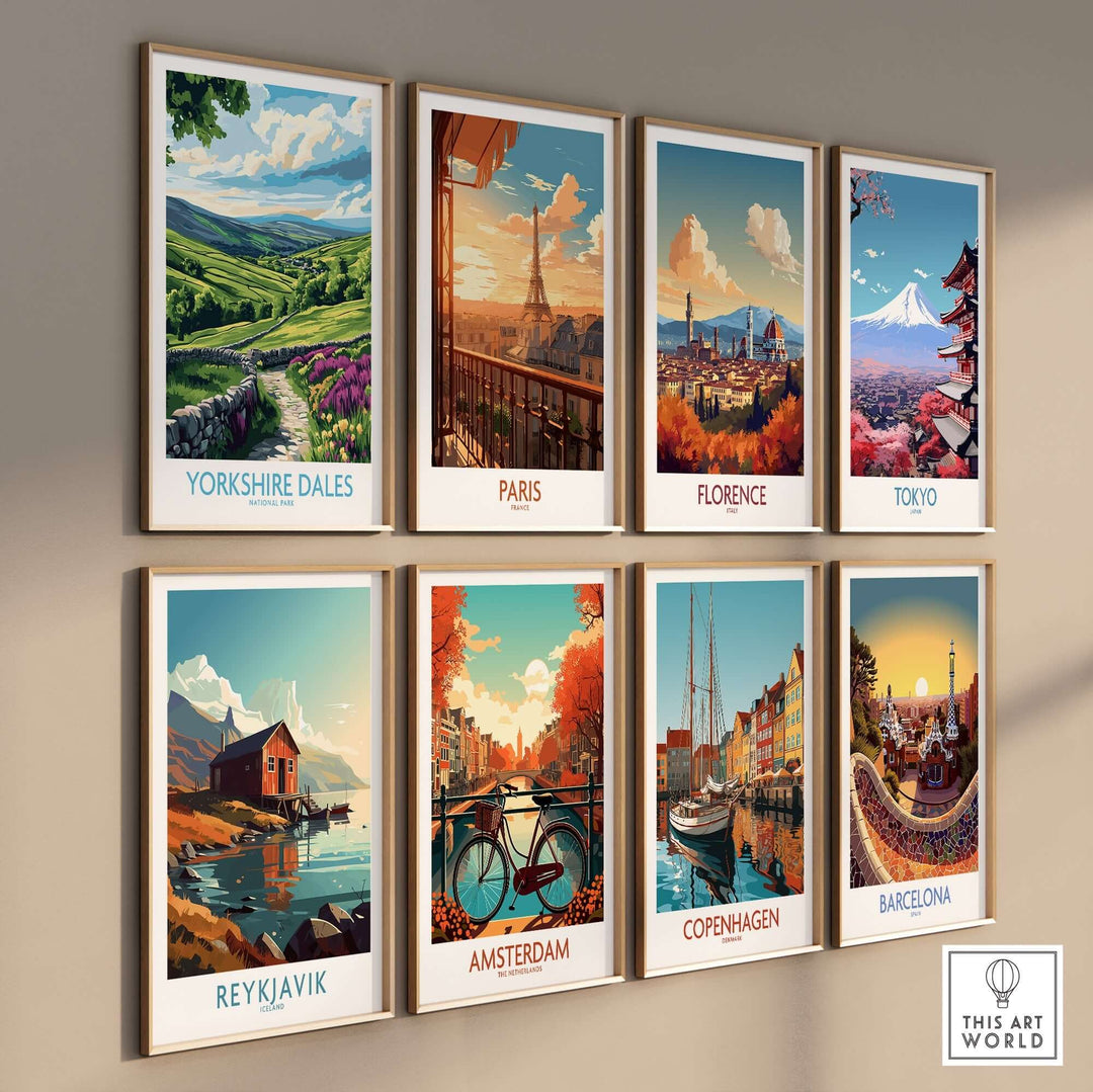 Colorful travel wall art prints featuring landscapes from Yorkshire Dales, Paris, Florence, Tokyo, Reykjavik, Amsterdam, Copenhagen, and Barcelona.