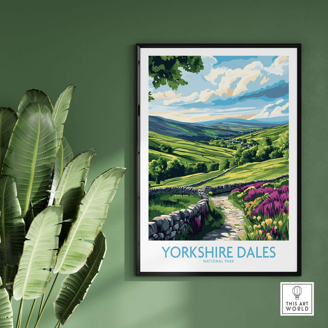 Yorkshire Dales National Park wall art print showcasing a lush landscape with rolling hills and colorful flowers.