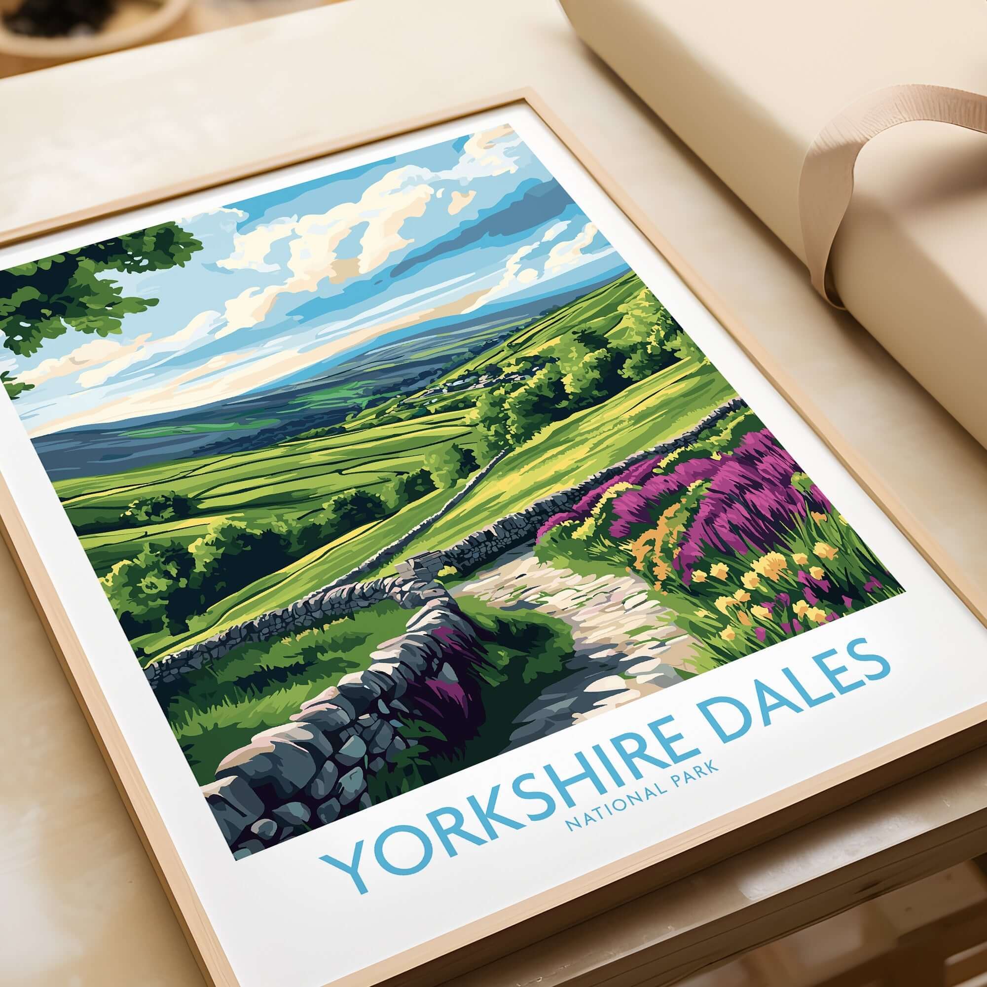Yorkshire Dales National Park Wall Art Print featuring a colorful landscape and scenic hills with vibrant flowers.