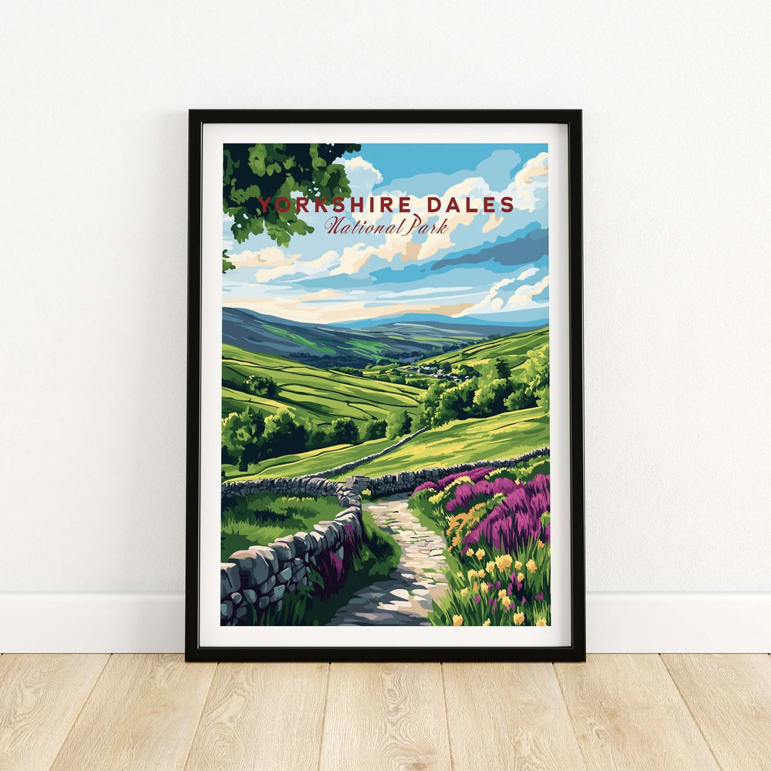 Yorkshire Dales National Park wall art featuring vibrant landscape and scenic views of meadows and hills.