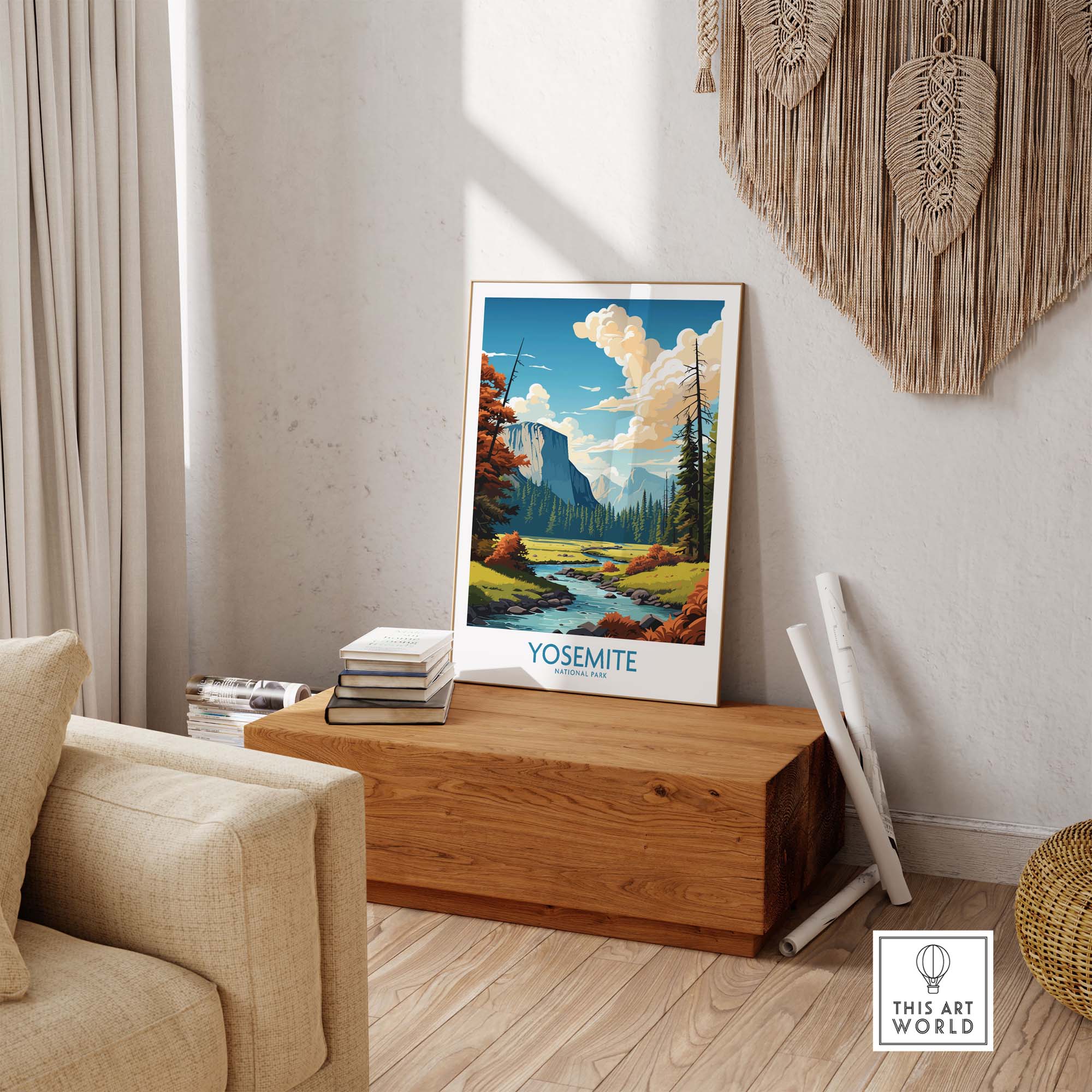 Yosemite National Park art print displayed in a stylish living room setting, showcasing vibrant scenery and natural beauty.