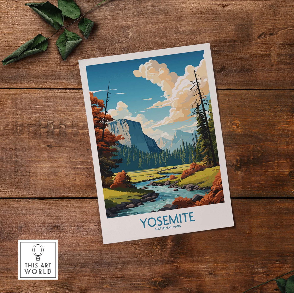 Yosemite National Park art print featuring vibrant landscapes, mountains, and river on rustic wood background.