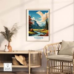 Yosemite art print featuring vibrant landscapes and dramatic cliffs, perfect for nature lovers and home decor.