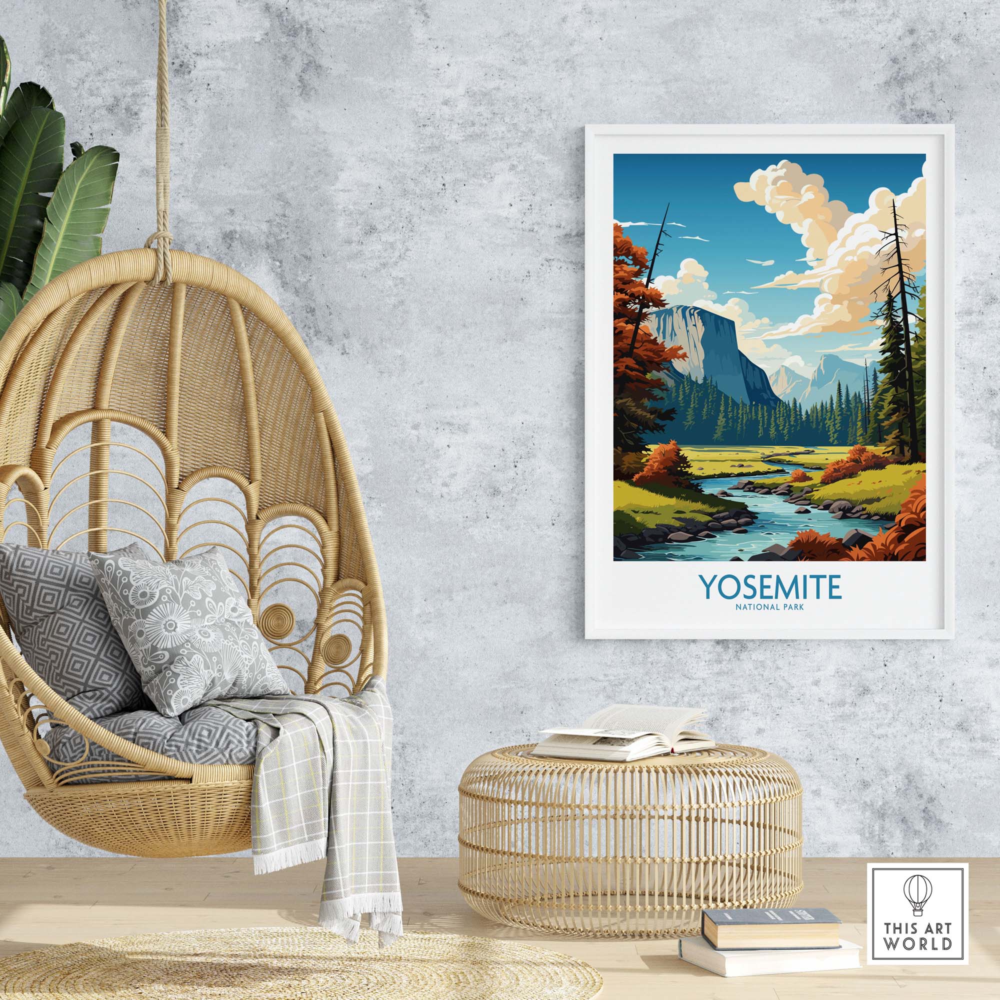 Yosemite National Park art print featuring vibrant scenery in a stylish interior setting with a hanging chair.