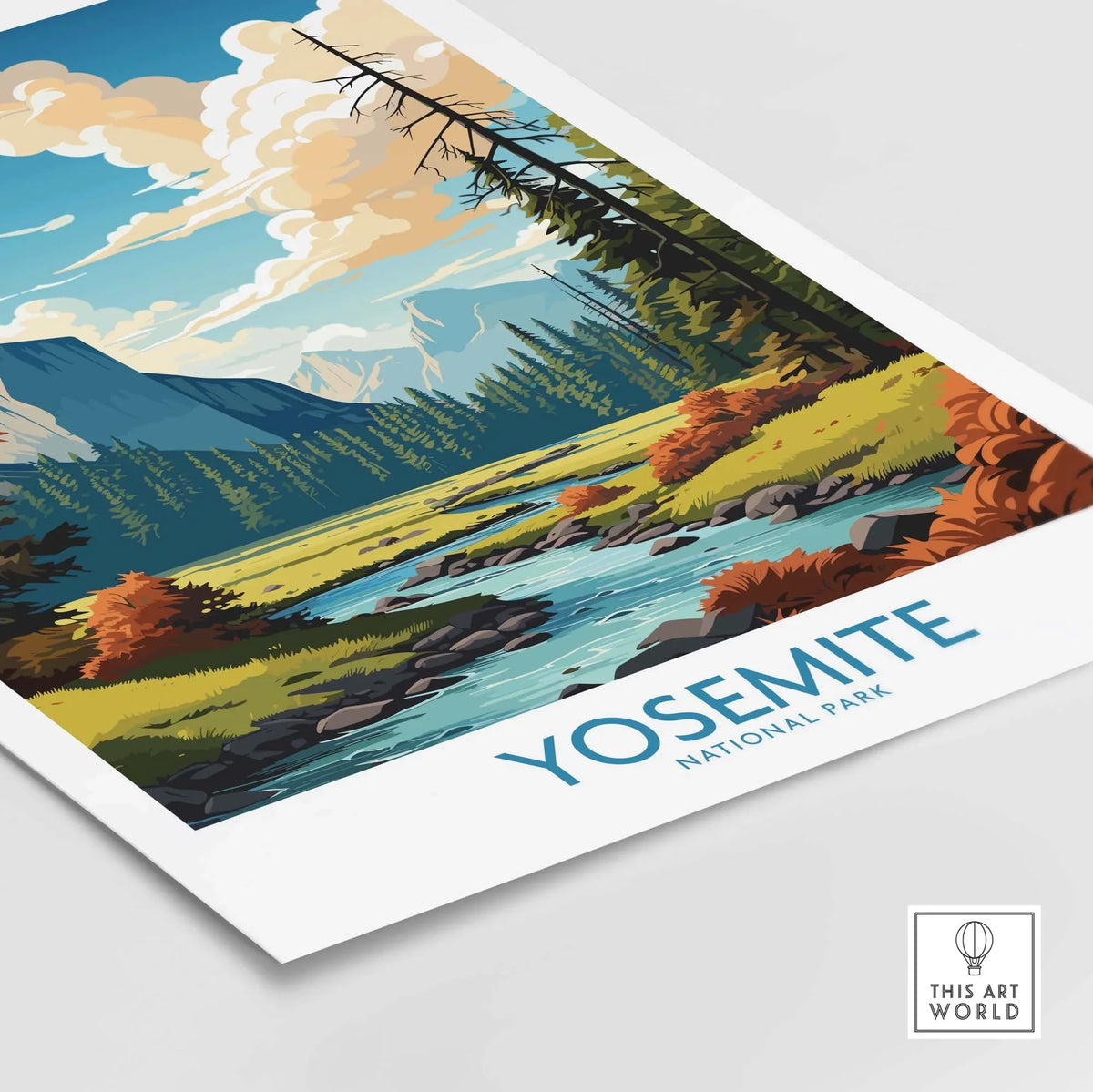 Yosemite National Park art print featuring scenic mountains, a river, and vibrant foliage, perfect for nature lovers.